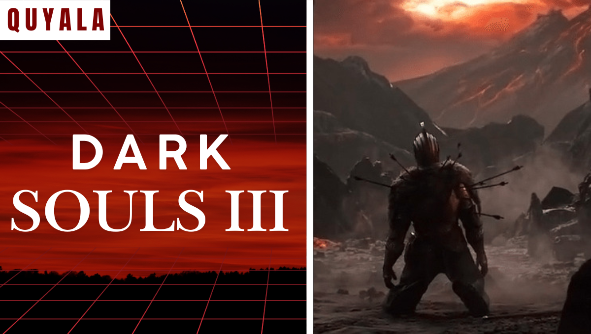 Heroic warrior in battered armor kneeling beneath a stormy sky, with the Dark Souls III title overlay.