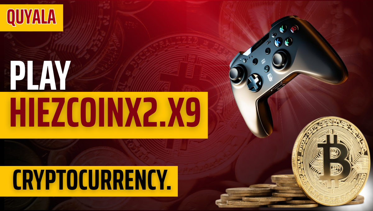 HiezCoinX2.x9 blockchain gaming logo with gold coin ‘H’, text ‘PLAY‑TO‑EARN’ overlay.